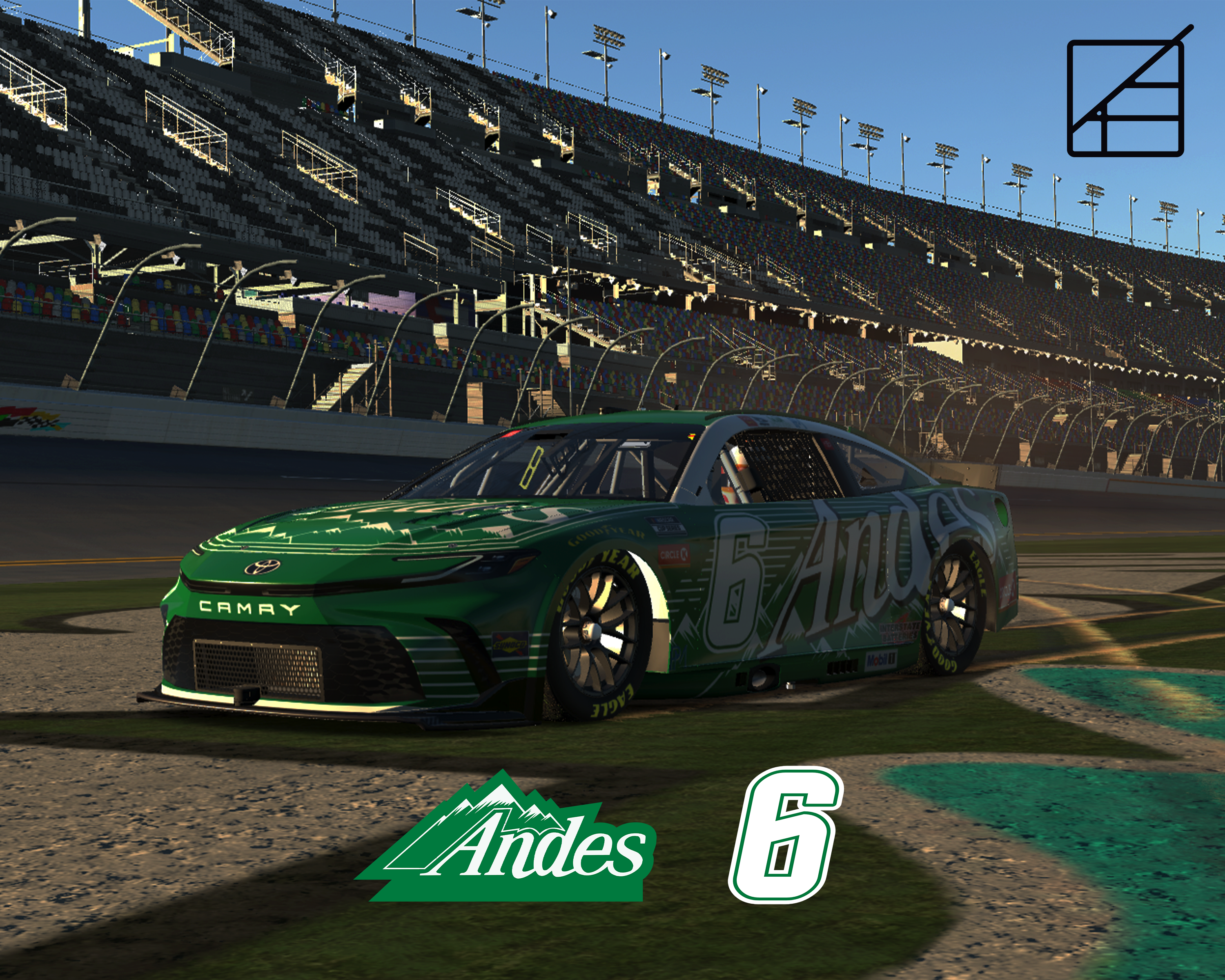Andes #6 Toyota Camry rear three-quarter on track at Daytona at dusk