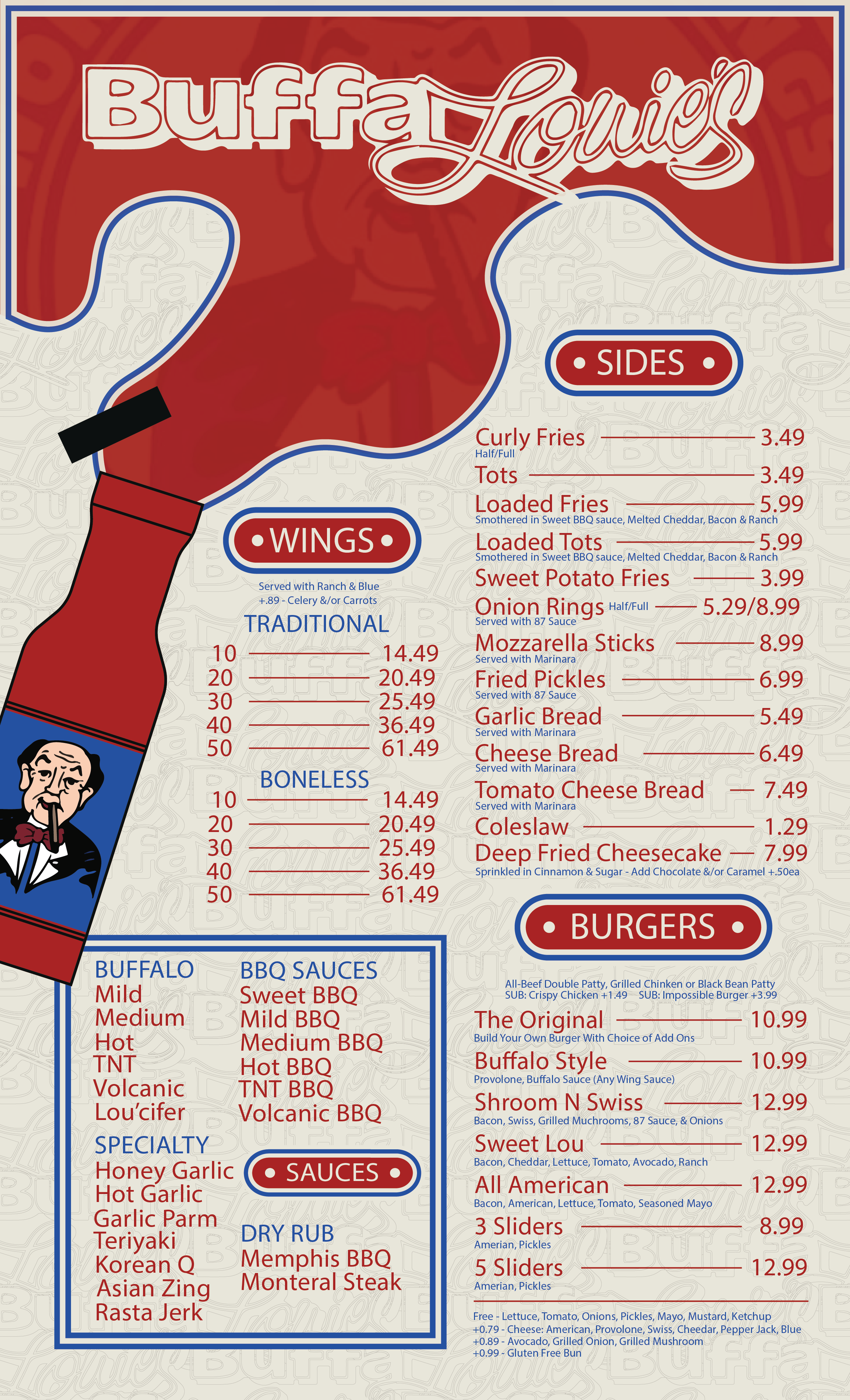 Dine-in menu — wings, sauces, sides & burgers