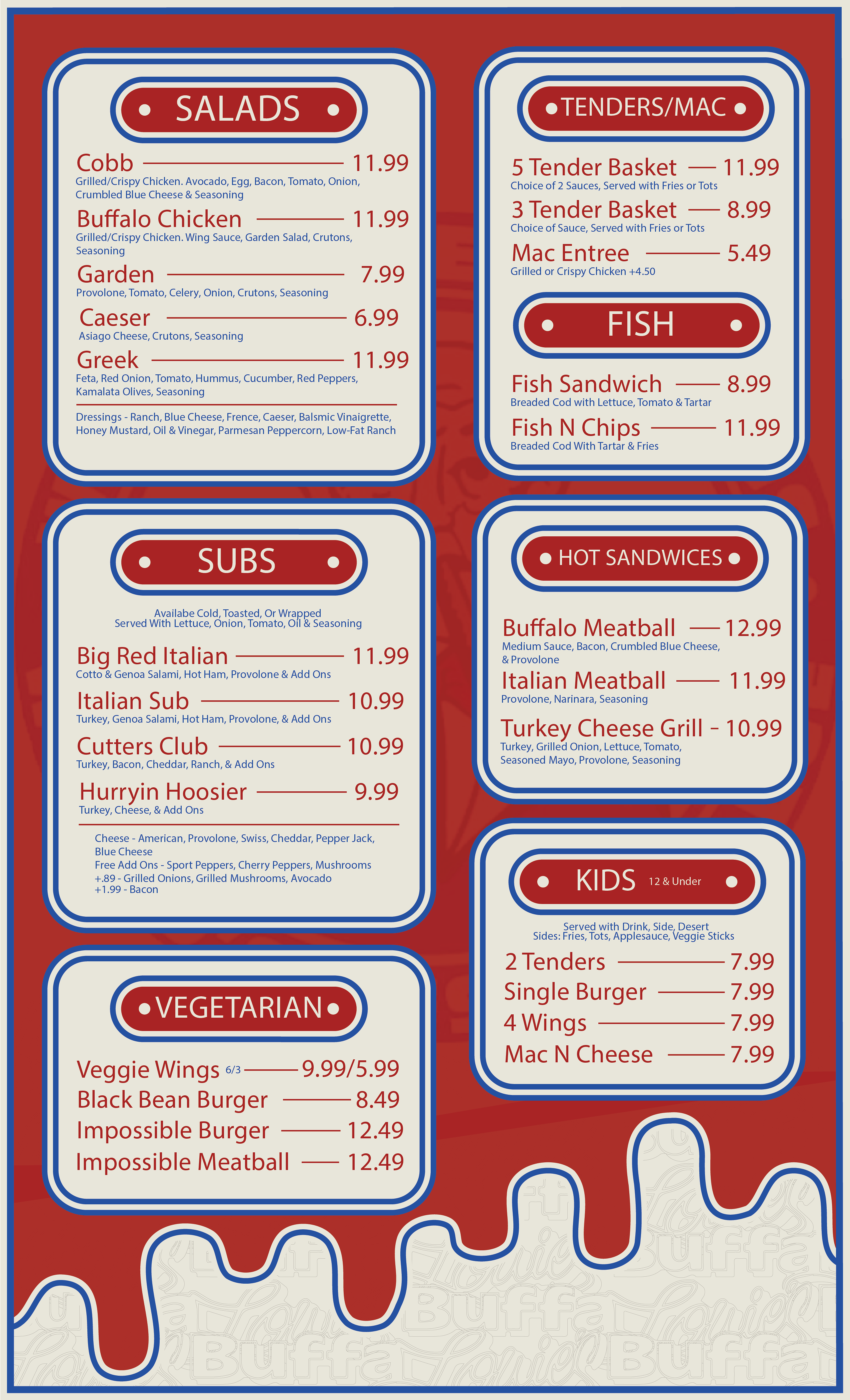 Dine-in menu — salads, subs, sandwiches & kids