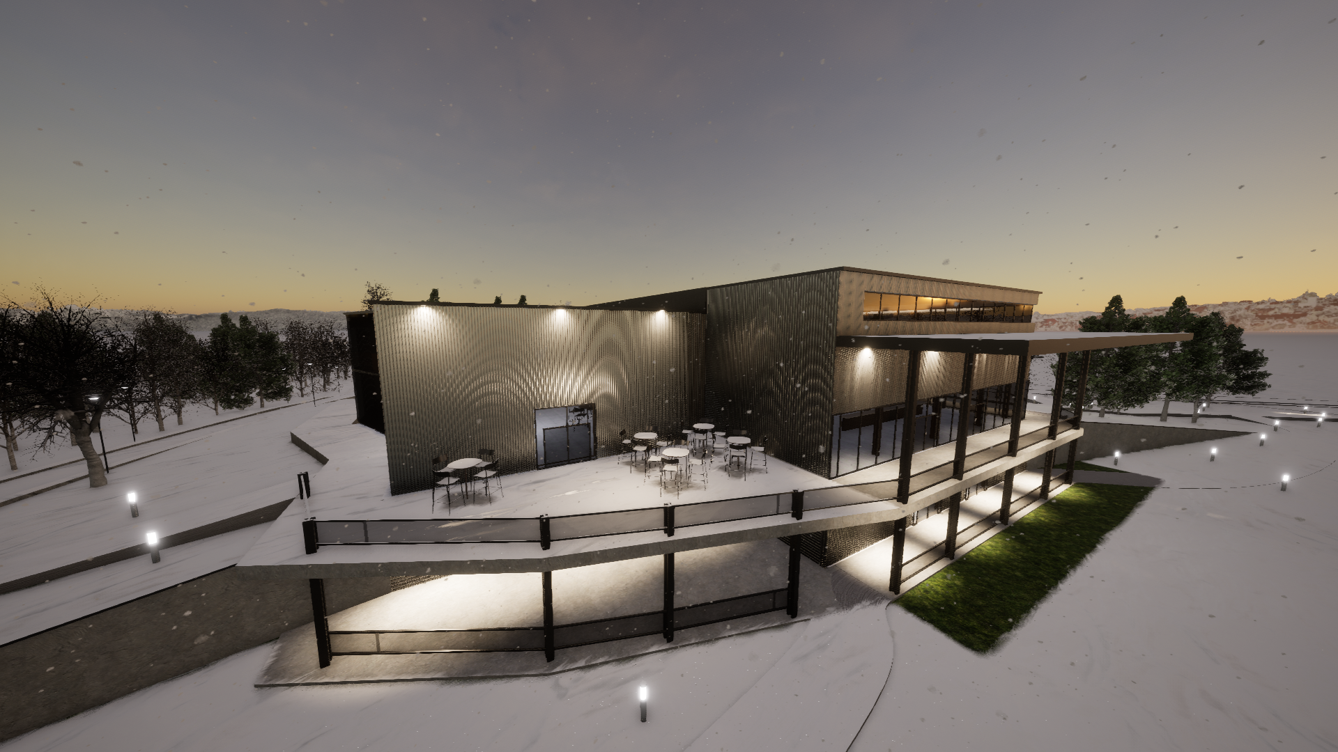 Winter dusk — terrace and porch lit against the snow