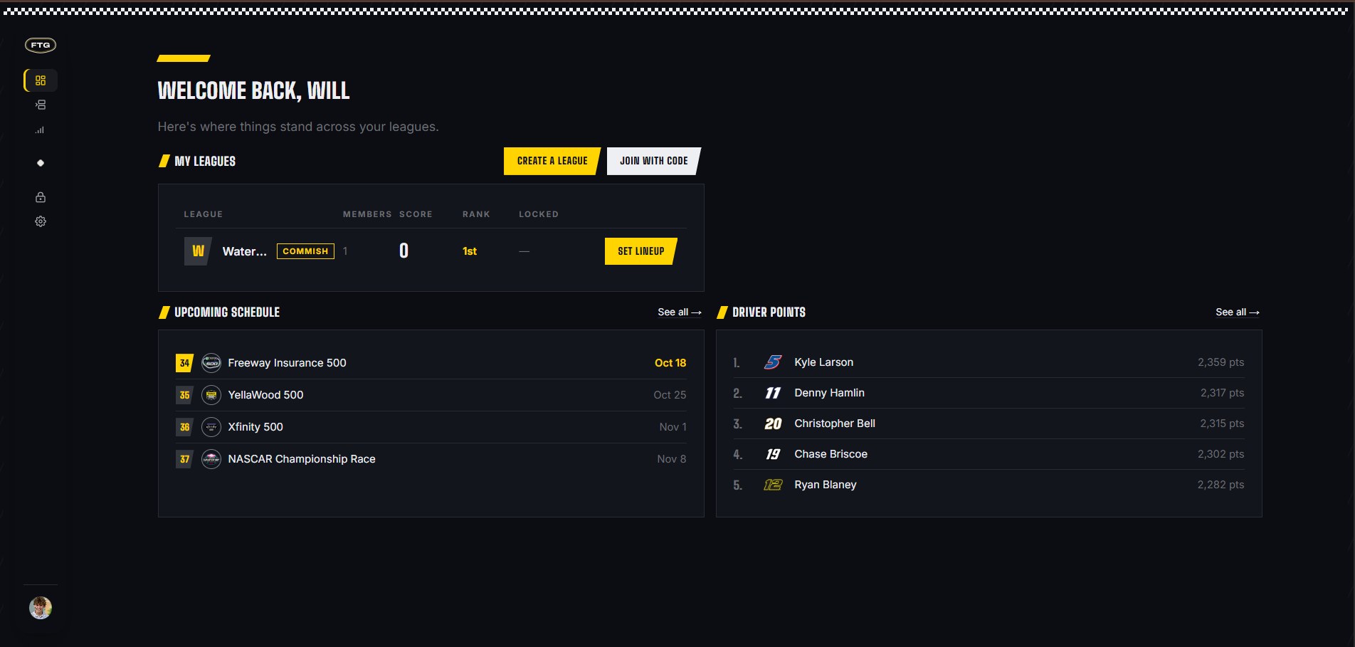 Find The Groove dashboard showing leagues, upcoming races and driver points