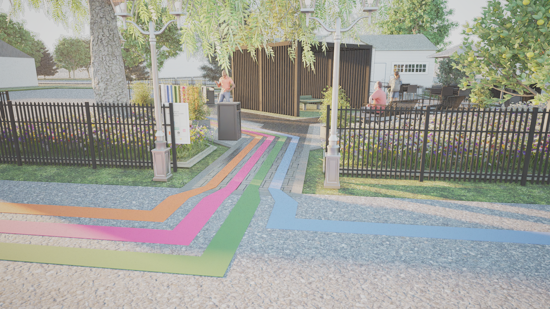 Metro lines — colored paths leading to each library building
