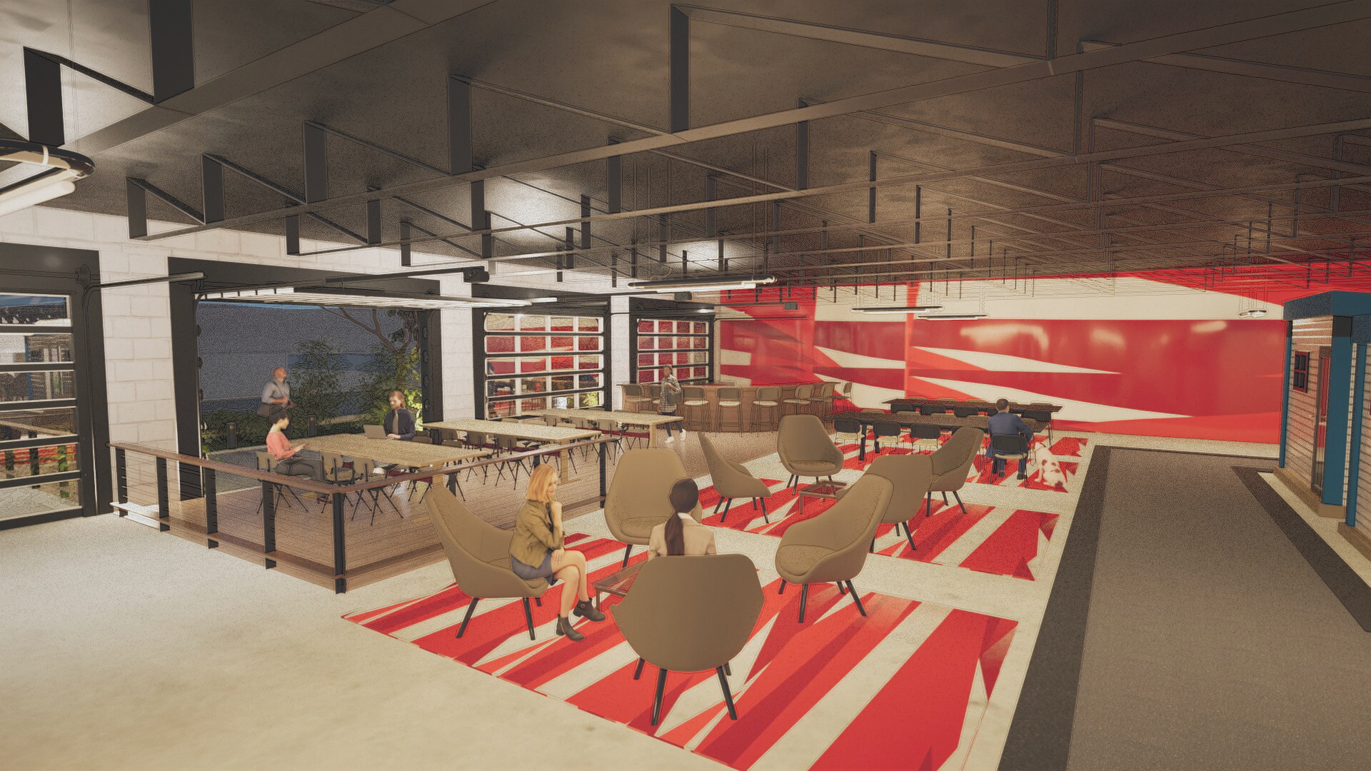 Café & commons open to the garage doors