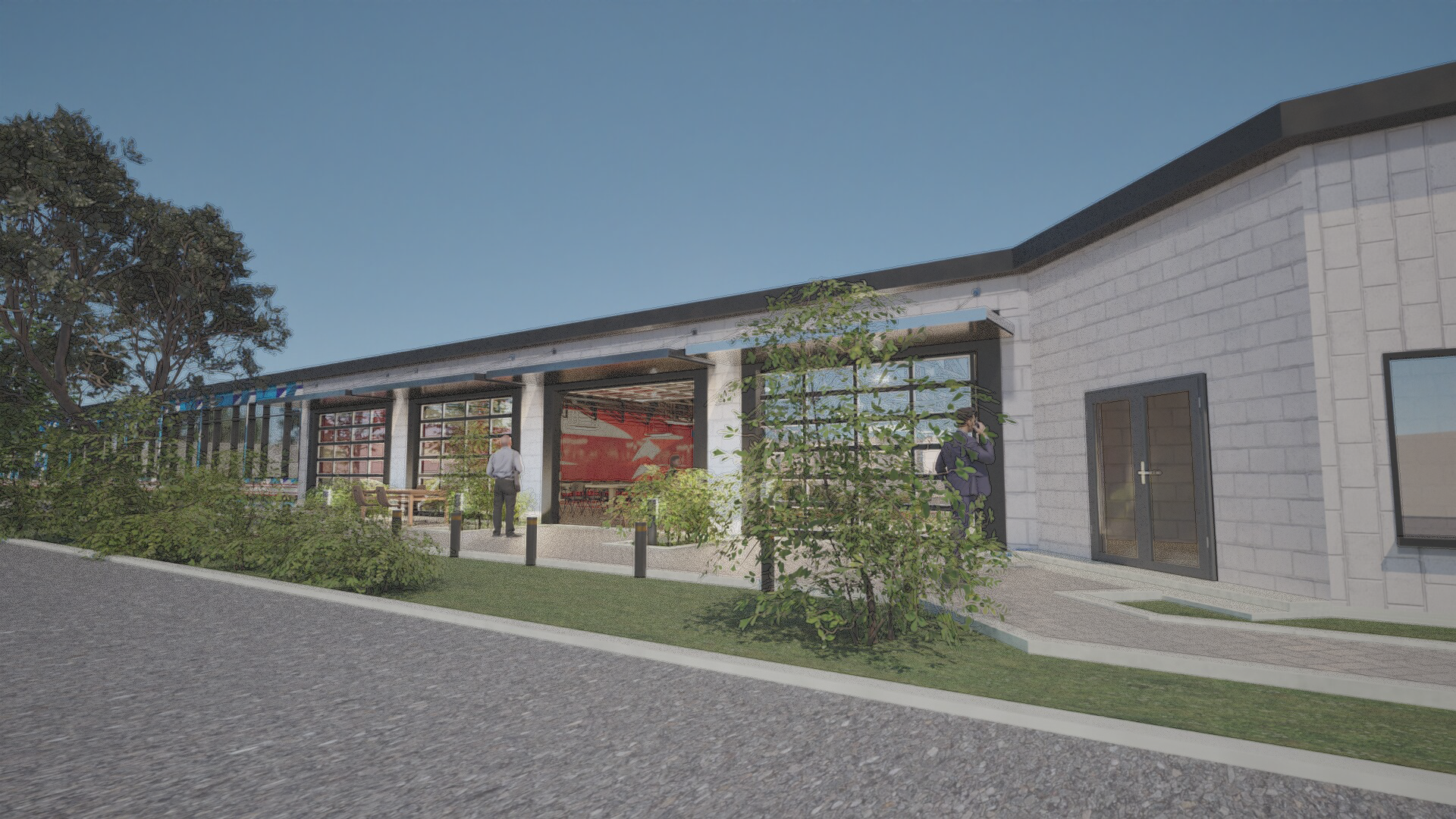 Garage-door entry — café opens onto a landscaped forecourt