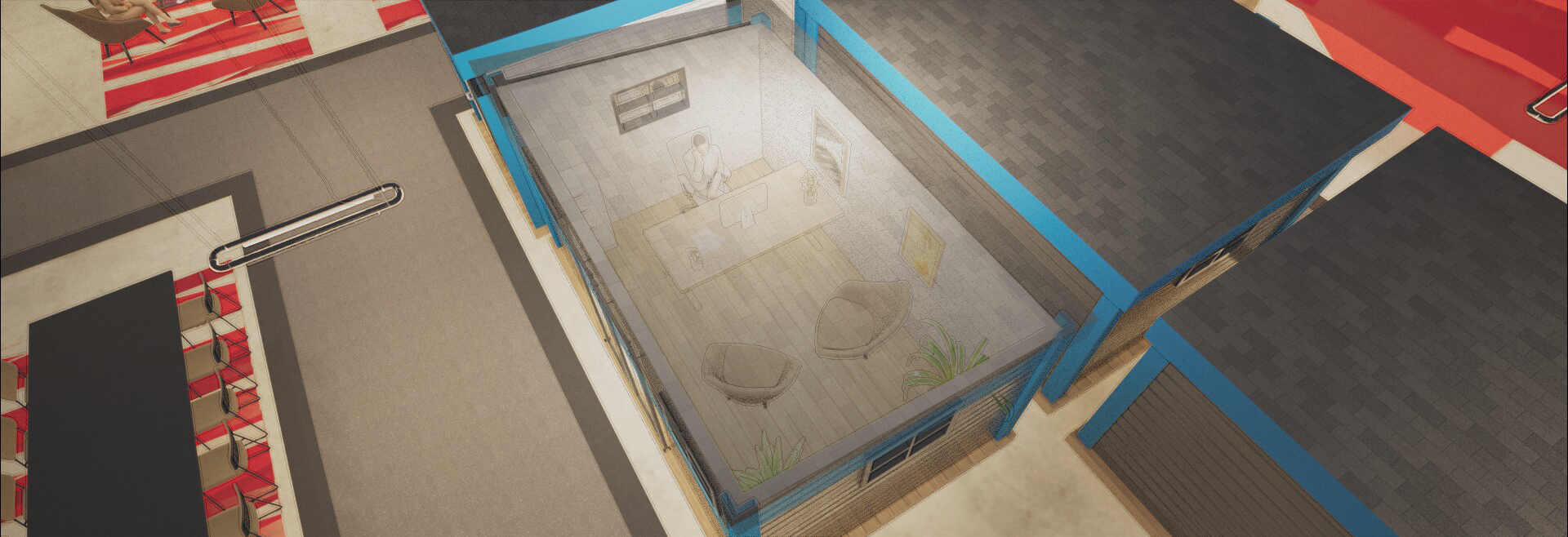 Interior render — studio pod from above