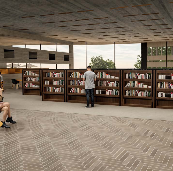 Open stacks under the timber ceiling
