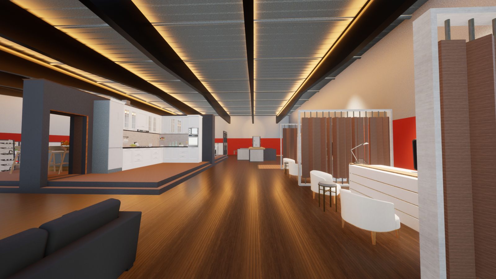 Showroom aisle — flooring, cabinetry & fixtures